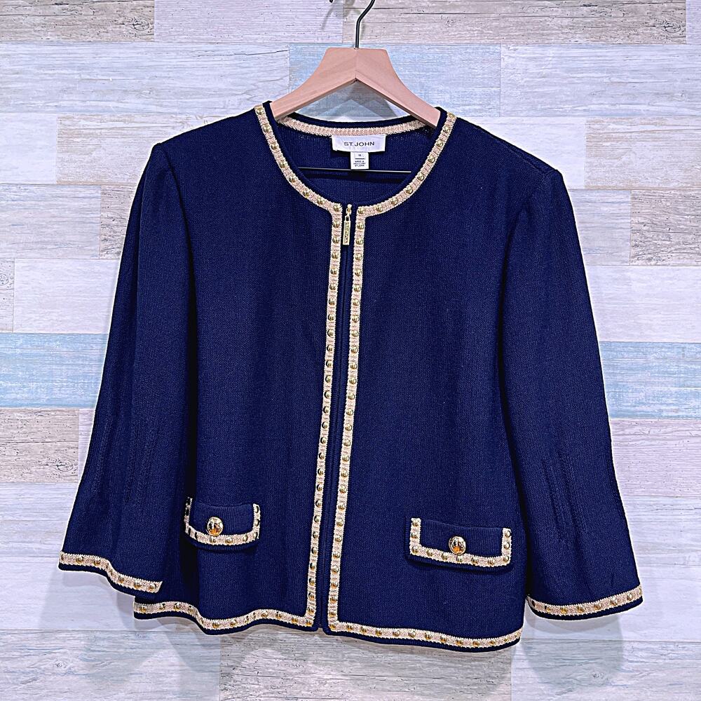 ST JOHN Tweed Lady Jacket Blue Gold Studded Trim Full Zip Wool Blend Womens 10